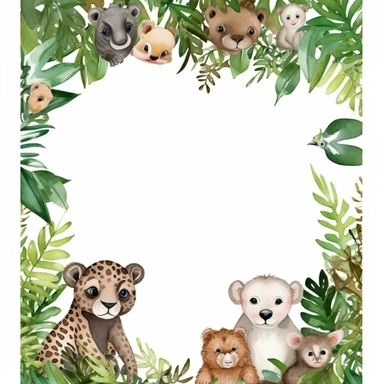 create a digital clipart frame of jungle baby animals and forest, white background, 4k