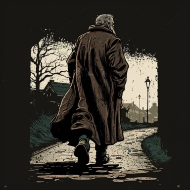 view from above, an strong old man walking far way on a road from back side, wearing long coat, dark tones vintage drawing style , in an old cartoon drawing style + back sideview + with low details + keep image datails +dark color tones + vintage drawing style , clipart drawing, clipart image, clean colors,balanced colors, detailed drawing