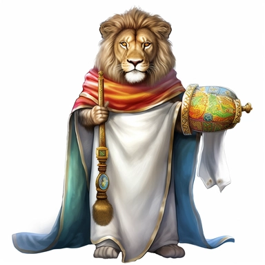 A clipart of a lion holding a scroll and wearing a king's crown and robe, representing the royal decree, watercolor style, realistic, bright colors, 300 dpi, 8k, white and clear background