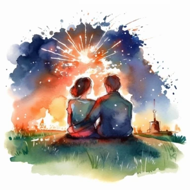 couple watching Fourth of July fireworks, sitting on blanket on grass, clipart, watercolor style, defined edges, night background