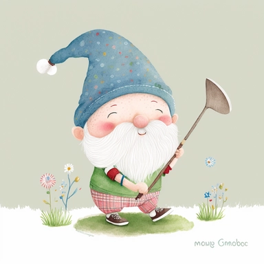 A watercolor painting of gnome playing golf, Gonk, cute gnome boy, golfing gnome, cute detailed digital art, inspired by nicoletta ceccoli, by Kubisi art, whimsical and cute, by nicoletta ceccoli, cute detailed artwork, glimmering, adorable and whimsical, whimsical art, Clipart style, png style, svg style, blank white background, a solid white background