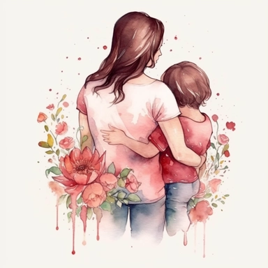 mom hugging son, back view, mothers day, floral, watercolor clipart, hearts, floral, distinct lines, white background, png
