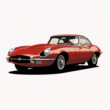in clipart style, vector image, A meticulously crafted illustration of a 1975 Regency Red Jaguar E-Type Series III , highlighting its iconic design and graceful contours, placed against pure white background (style: evoking the accuracy and refinement of classic automobile blueprints) (lighting) (colors: an elegant palette for the car's body set against a pristine, white backdrop) (composition: captured from a side view or three-quarter angle using a 35mm lense ensuring enough space is between t