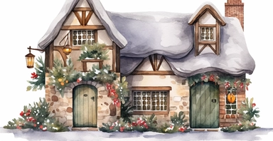 Cute English Cottage, snowy, ornamental watercolor clipart