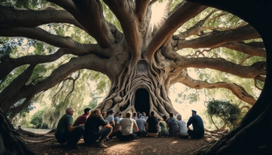 The photograph selected as the header for the Leadershipedelics YouTube channel features a tranquil outdoor setting, radiating inspiration and growth. A majestic tree with sprawling branches and vibrant foliage occupies the center of the image, symbolizing the strong roots and interconnectedness of spirituality, creativity, and leadership. Beneath the tree, a diverse group of people of various ages, ethnicities, and backgrounds are engaged in an animated conversation. They sit in a semicircle, i