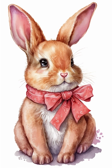 a detailed watercolor painting of a cute cartoon baby bunny with bowtie, clipart, watercolor style, pink, pastel colors, isolated on white background, children's book illustration