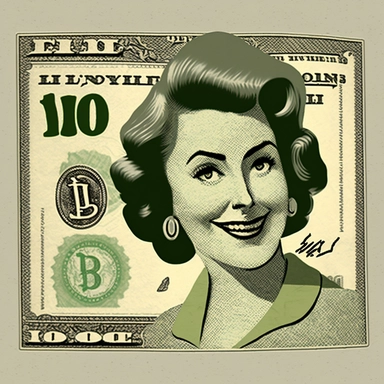 1 dollar bill with a woman face in 1950`s style clipart with her 2 thumbs up