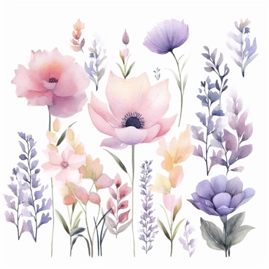 enchanted flowers clipart, flowers to be dusty pink and dusty lavender WATERCOLOR HAND PAINTED clipart, individual elements, WATERCOLOR AIRY PASTEL COLORS, VISIBLE WATERCOLOR BRUSH TOUCHES, WATERCOLOR SPLASHESD, DREAMY AND ELEGANT, CLASSIC DREAMY FLOWERS, white background, simple white background