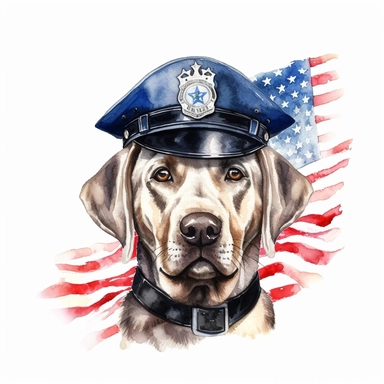 watercolor clipart, smiling happy Labrador Retriever, in style policeman, Police Badge, us flag collar, Police Uniform, police Hat or Cap, background american Flag, suitable for printing, hyper detailed, 300 dpi, 8k, high solution, no watermark