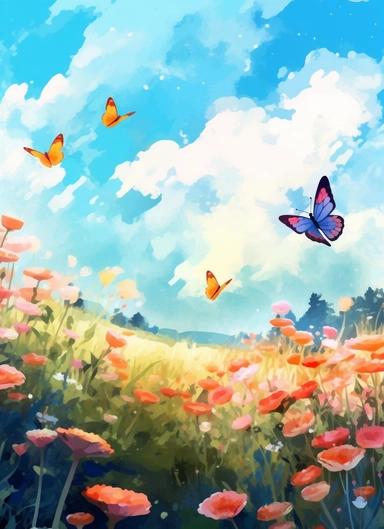 butterflies on a flower field, in the style of 2d game art, nostalgic paintings, 32k uhd, colorful dreamy watercolor scenes, adventure pulp, classical, historical genre scenes, rough-edged 2d animation, watercolor clipart