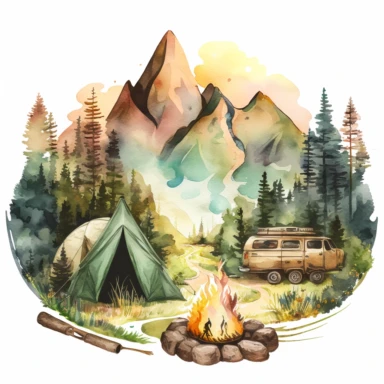 Detailed Watercolor Camping scene with forest and moutains clipart