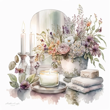 watercolor by nita engle clipart, a cosy luxurious bathroom with flowers and candles, white background