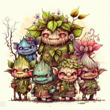 a bunch of cute Mystical magical happy Ogres in a Magical Forest with the latest natural flower fashion of whimsical nature Clipart, Fantasy Art, Fairy Tale Art, colorful watercolor, Ink and pen