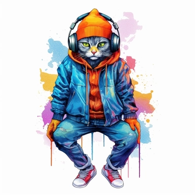 colorful cat art, full body, wearing cap and headphones, clipart, white background
