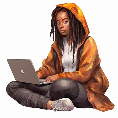 Black girl working on a laptop, cool hacker clothes, dreads, watercolor style, clipart solid white background