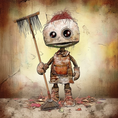 garbage pale kids format, pop surrealism digital art image of broken down, old, rusting, cartoonish, humanoid, child robot holding a mop wearing tattered, dirty, bloody butcher's coat and smock, made of tattered clothing for humans. The robot is in an art style inspired by artists like Tara McPhereson, Nooligan, and Robin Eisenberg. To be used for digital clipart. Use dull, 1970's style, yellow, green, brown color scheme for the robot
