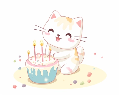Birthday cat, single cat, cute, party, clipart, kawaii, kitten, Japanese, exited, white background