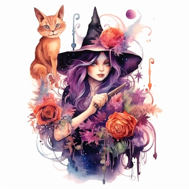 dark arcadie witch clip art, watercolor, potions, magic, cat , broom, sparkles, book, roses, vines, cowbwebs, spiders, bats, fantasy
