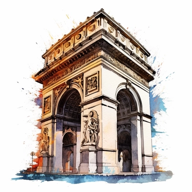 a France Arc de Triomphe in the style of watercolour clipart with detailed brush strokes