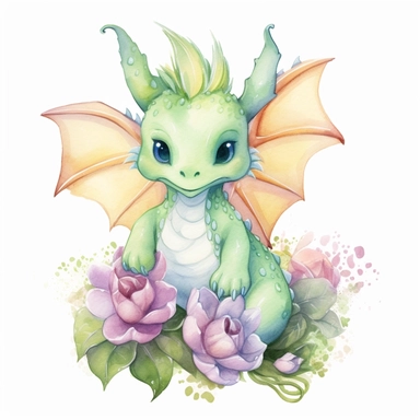 Cute happy Watercolor lillies Baby Dragon Clipart, on a white background--s 1000