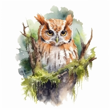 Generate a clipart of a Screech Owl sitting on a mossy sequoia branch. The owl's calm gaze should peer out of the watercolor scene, engaging the viewer and contrasting beautifully against the white background.