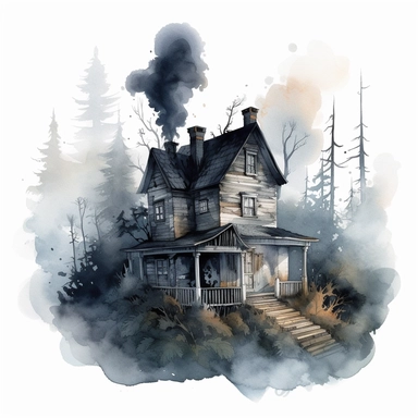 watercolor, hyper realistic, white background, white margins, 16k, ultra detailed clipart, cut out image, hand-drawn, whimsical a spooky-looking cottage in the heart of a dark forest with wispy smoke rising from its chimney.