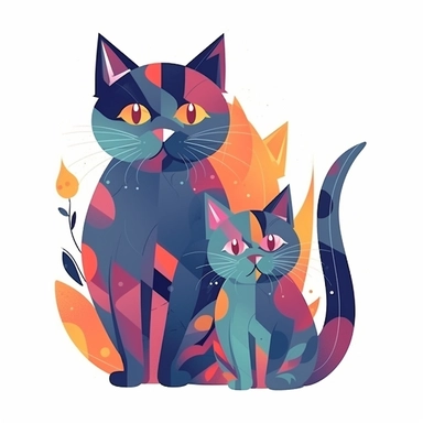 adult female cat with baby cat, clipart, bright colors, isolated white background