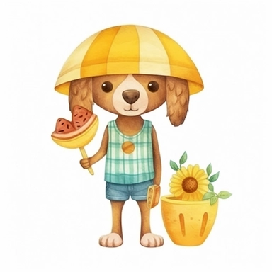 Summer cute cartoon dog dressed for summer, clipart, watercolor illustration for kid, white background