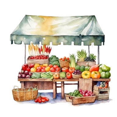 watercolor colorful clipart of a bountiful farmer's market, hd, on white background