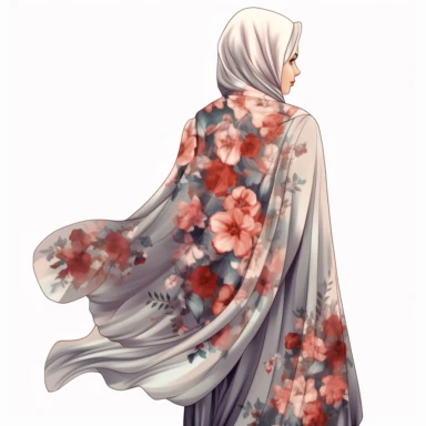 Hijabi woman back full body view clipart illustration, muslim lady clipart, veiled woman clipart, floral lady hijab clipart , digital illustration style,
