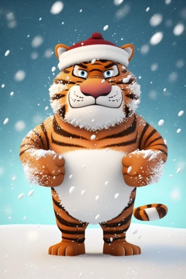 no text, winter wonderland background with snow and snowflakes, 3d whole body clipart of a smiling, friendly tiger, wearing a santa clause hat, christmas vibes, cartoon network style, friendly face, head unproportionally bigger than body, detailed body shape, front shot, insanely big shiny eyes, caricatured face, insanely glossy, plastic like fur and skin, unrealistic, 8k photography, cinematic, super cute face, Photography, Ultra-Wide Angle, Depth of Field, hyper-detailed, beautifully color-cod
