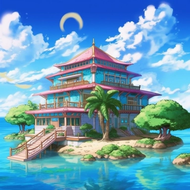 /v5_upscale, bright day, island in the blue sea house with pam clipart, high detail, spaced outultra scale, detailed, extremely bright, charming, stunning, extremely detailed, miracle, amazing, mercury clouds illumination, light background, vitamins, with holographic , dragon ball Jin the Turtle Master Roshi - Ultra Dragon Ball anime legends