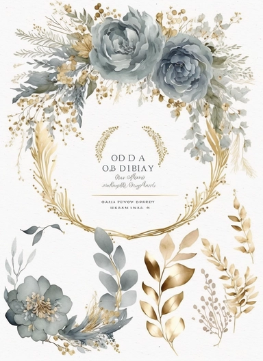 dreamy bohemian watercolor wreath clipart, dusty blue, VINTAGE VICTORIAN STYLE, fairy style, muted color, accent gold color, watercolor touch, A dusty blue floral card with gold accents, with elements of leaves, wildflowers, elegant, light, airy, fresh, classy, modern, minimalist design, no borders, the overall aesthetic exudes luxury and delight, no text or writing, includes blank space for text and writing, WHITE background, watercolor splashes, FOR CARD, hd, white background: