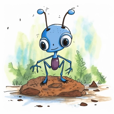 a humanoid looking Ant lifting bread crumbs, in water colour in the style of clip art, with big blue eyes, frowning, with humanoid features in the forest near his ant hill, ants in the background