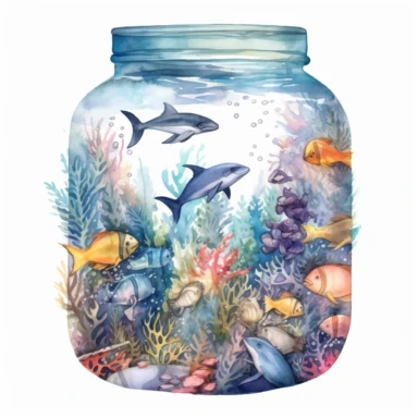 complex watercolor illustration of euphoric ocean full of marine animals, swimming around isolated in a transparent floral jar ,concept,art,8k,hd,watercolor,detailed,white backround,clipart
