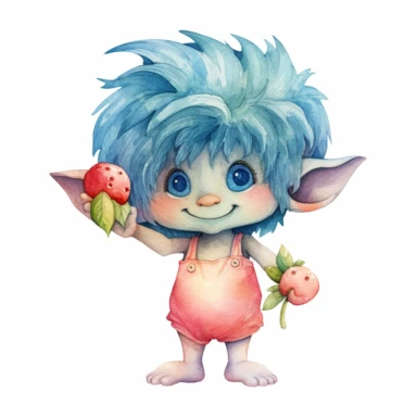 a watercolor, cute troll, hair standing up, blue hair, little nose, precious moments, adorable, holding watermelon, summer, clip art, contrasting colors, white background.