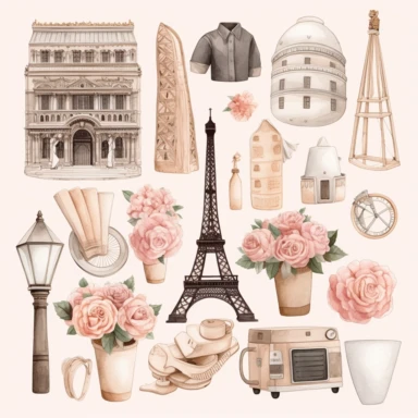 20 Digital stickers, sticker bundle, paris, city items, plain background, watercolor illustration, clipart, Beige, pink, grey, aesthetic, realistic