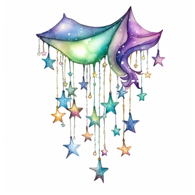 cartoon fairy arc, star dangles , glowing lights and sparkles, colors of green purple gold and blue, glamorous realistic and detailed, watercolor, white background with margins, clipart style
