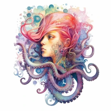 watercolor hyper detailed half woman half octopus clip art