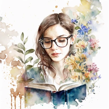 a watercolor painting which shows a close up portrait of beautiful attractive woman with brunette hair reading a book, she is wearing reading glasses, she looks very interested and focussed. The clipart is surrounded by flowers and books and the general atmosphere of the painting is focused and peaceful and motivational . the picture is painted in a beautiful floresque and office style and is on a White background in the center of the image and the color palette is bright blush beige and pink