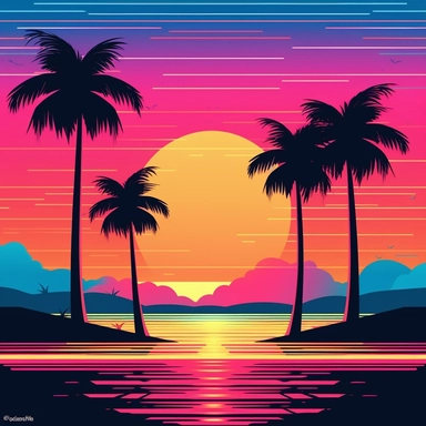 clipart of beach sunset, synthwave, cartoon style, vector, on a white background