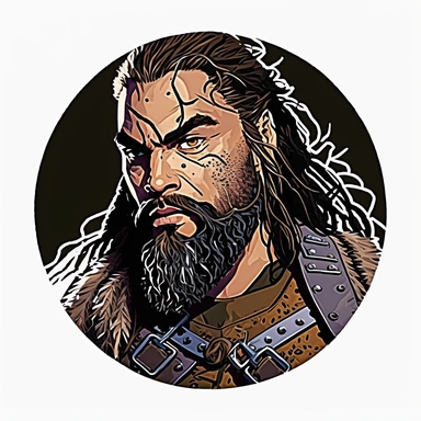 badass noble soldier handsome Jason Momoa, Dungeons & Dragons, handpainted enamel punk fashion poster, clipart illustration, circle white background, circle border