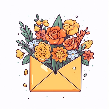 create a clipart cartoon featuring an open envelope with an aesthetic flower bouquet, minimalist, white background