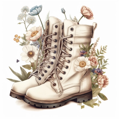 cottagecore clipart. white combat boots decorated with flowers. on a white background. cottagecore, feminine, frilly