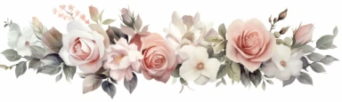 watercolor single row blush white pink roses bouquets clipart, white space on left and right borders, muted color faded