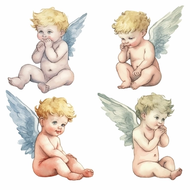 four cherub with wings in different poses, without background,watercolor style, clipart