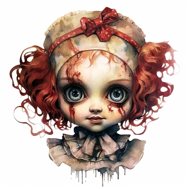 a headshot showing the scary face of a possessed doll, watercolor, ultra high-detail, dark outlines, clipart