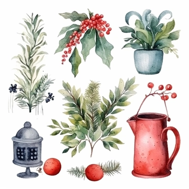 Watercolor decoration day, illustrations clipart set, simple, christmas colors , cartoon elements, different variants , , separate elements with a margin
