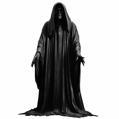 DEATH APPARENT IN BLACK CLOTHES WITHOUT A FACE SCARY CLIPART ON A WHITE BACKGROUND