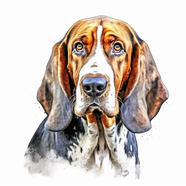 american english coonhound watercolour painting realistic yet stylized, digitally enhanced, clipart, 32k uhd, detailed crosshatching white background